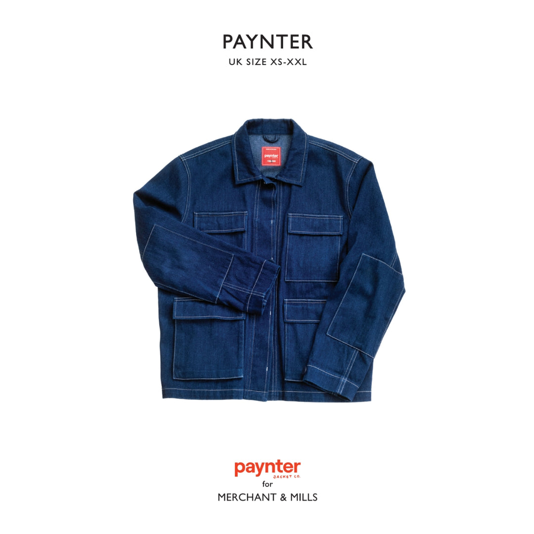 A dark blue denim utility jacket from Paynter, shown flat against a white background with brand text above and below.