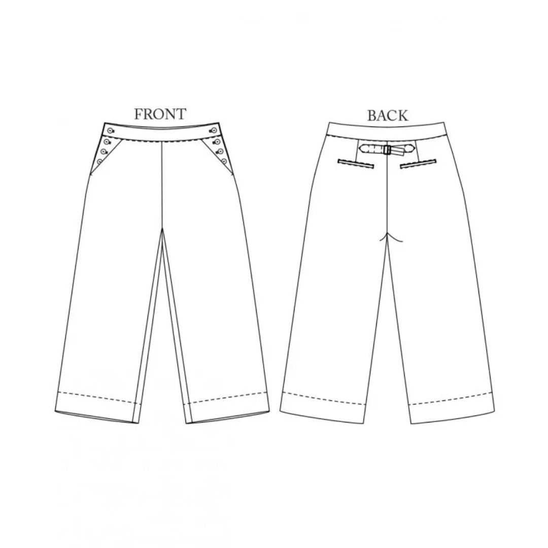 Black and white line art diagram showing the front and back views of cropped pants with button details on the front waistband and belt loops on the back.