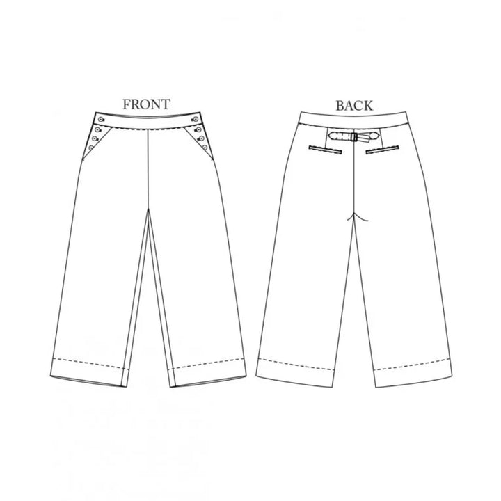 Black and white line art diagram showing the front and back views of cropped pants with button details on the front waistband and belt loops on the back.