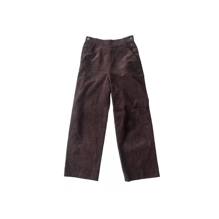 A pair of dark brown corduroy trousers laid flat against a solid white background.