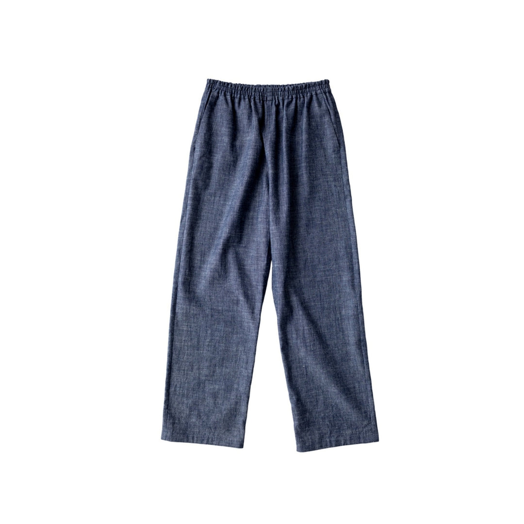 A pair of dark blue denim pants with an elastic waistband, shown flat against a solid white background.