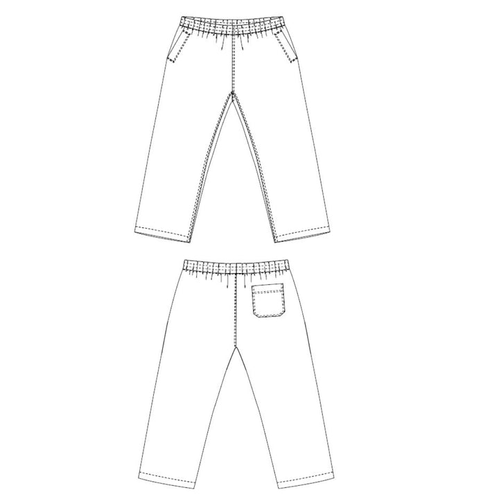 Black and white technical line drawing of a pair of cropped pants shown from two angles: front and back. The design features an elastic waistband, side pockets, and a back pocket.