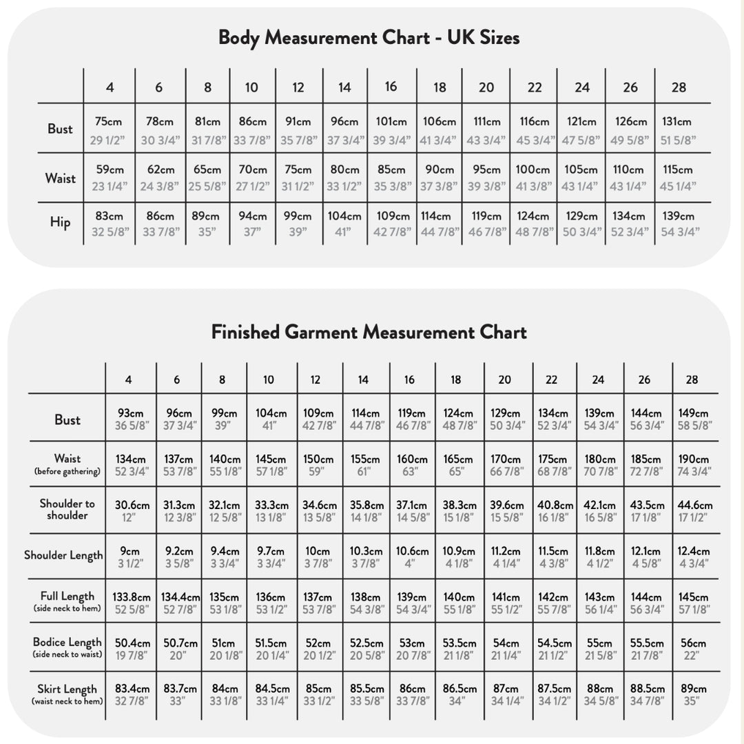 A size measurement chart with two tables: 'Body Measurement Chart - UK Sizes' and 'Finished Garment Measurement Chart'. The top table lists body measurements in centimeters and inches for sizes 4 to 28.