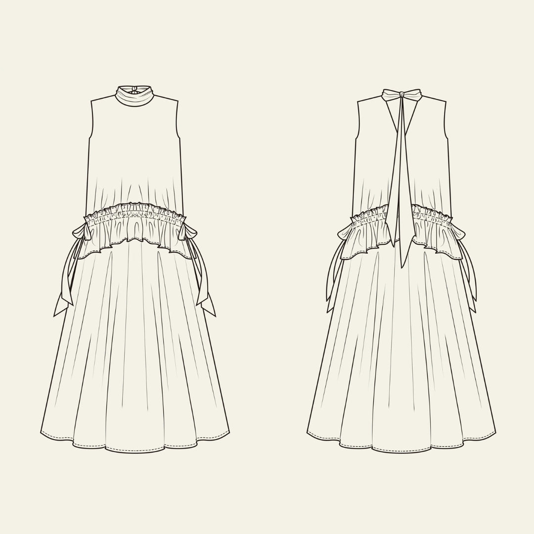 Black and white line art fashion illustration showing the front and back views of a sleeveless high-neck dress with a ruffled waist, side ties, and a bow at the back neckline, set against a solid cream background.