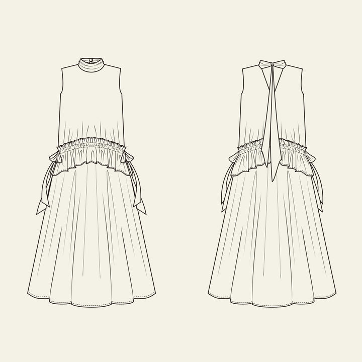 Black and white line art fashion illustration showing the front and back views of a sleeveless high-neck dress with a ruffled waist, side ties, and a bow at the back neckline, set against a solid cream background.