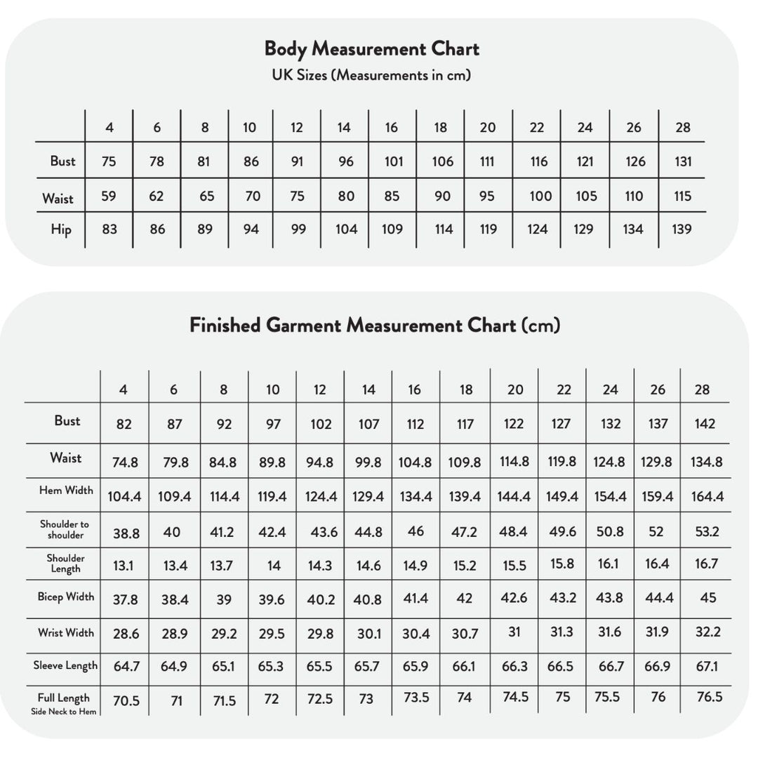 Body measurement chart for UK sizes and garment measurements in centimeters.