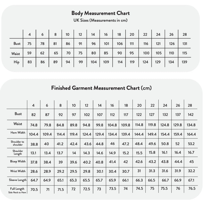 Body measurement chart for UK sizes and garment measurements in centimeters.