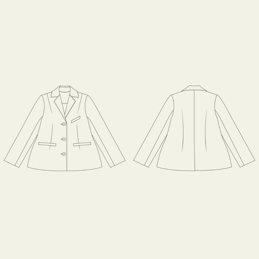 Line drawing of a jacket from front and back views on a beige background