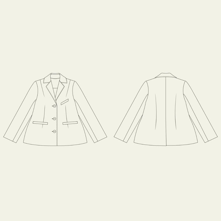 Line drawing of a jacket from front and back views on a beige background