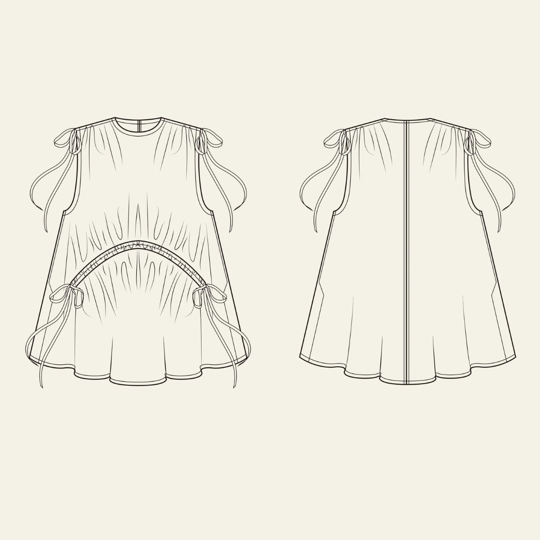 Black and white line art vector illustration showing the front and back views of a sleeveless tunic top with shoulder ties and a gathered waist detail, set against a solid cream background.