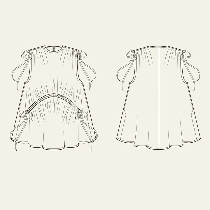 Black and white line art vector illustration showing the front and back views of a sleeveless tunic top with shoulder ties and a gathered waist detail, set against a solid cream background.