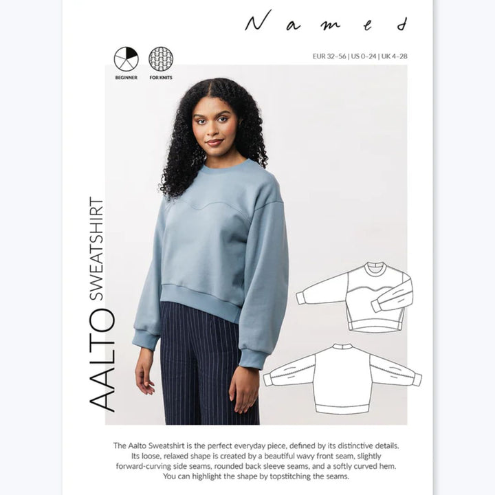Model wearing a light blue sweatshirt with 'Named' branding and design illustrations.