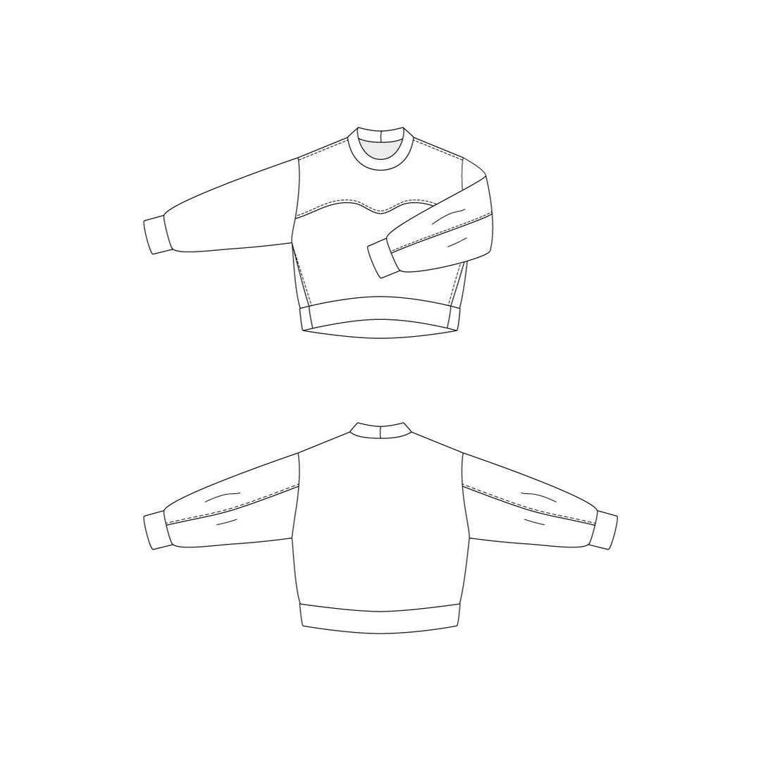 Line drawing of a sweatshirt from front and side views on a white background