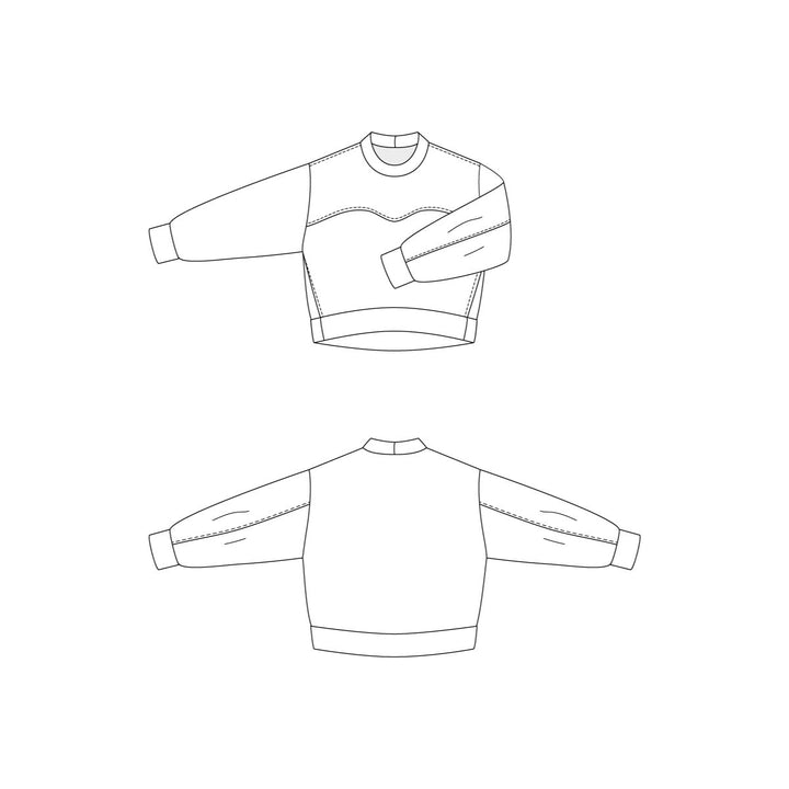 Line drawing of a sweatshirt from front and side views on a white background