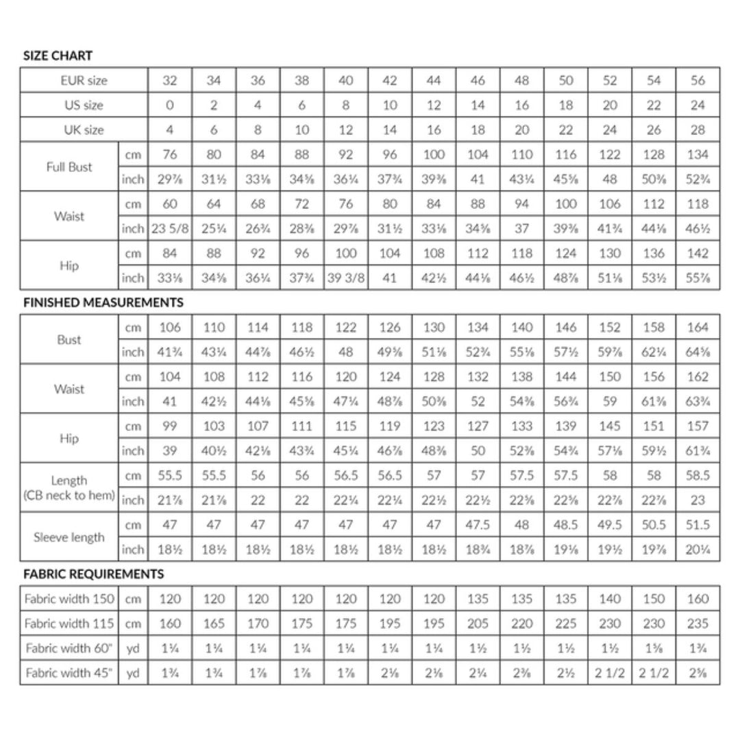 Size chart for clothing with measurements in centimeters and inches.
