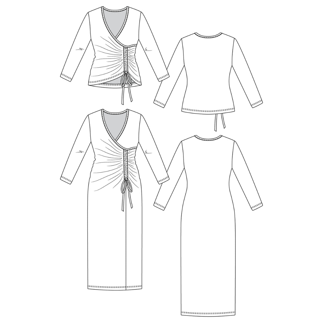 Black and white line art sewing pattern illustration showing multiple views of a long-sleeve wrap-style dress with a front tie closure.