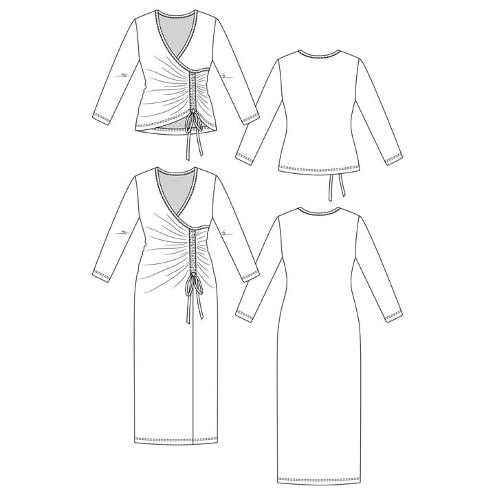 Black and white line art sewing pattern illustration showing multiple views of a long-sleeve wrap-style dress with a front tie closure.