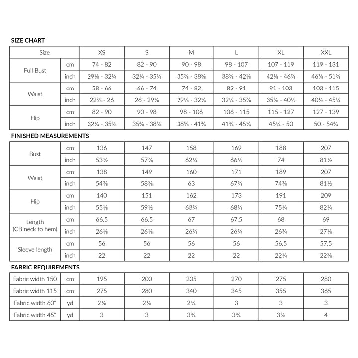 A size chart table with measurements for sizes XS through XXL, including full bust, waist, and hip dimensions in centimeters and inches. It is labeled 'SIZE CHART' and includes finished measurements and fabric requirements sections.