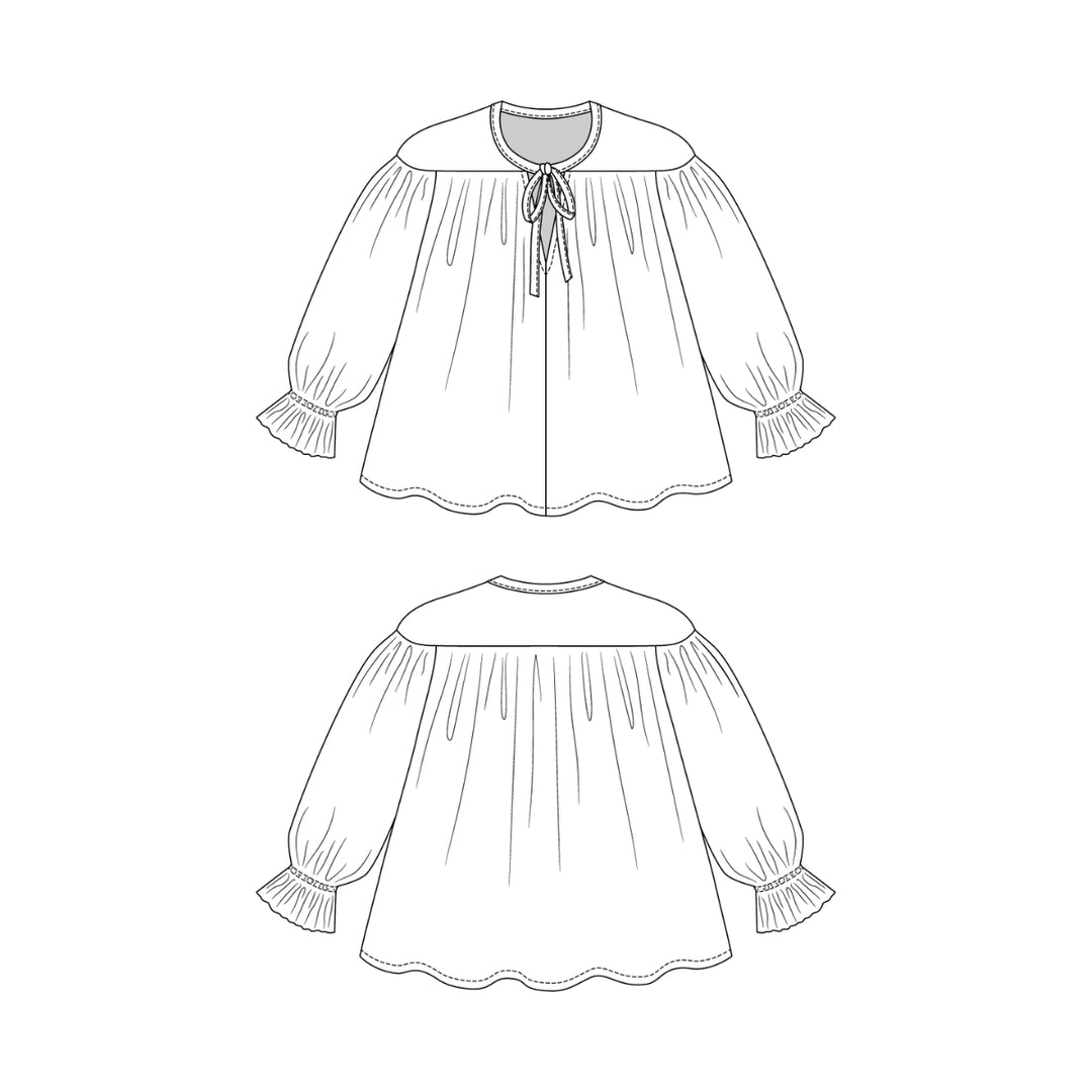 Black and white line art illustration of a long-sleeve blouse shown from the front and back, featuring a round neckline, tie detail at the front, and ruffled cuffs and hem.