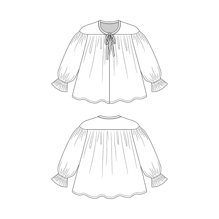 Black and white line art illustration of a long-sleeve blouse shown from the front and back, featuring a round neckline, tie detail at the front, and ruffled cuffs and hem.
