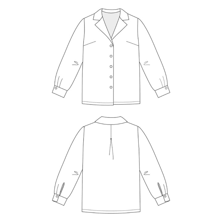 Technical drawing of a jacket with front and back views on a white background