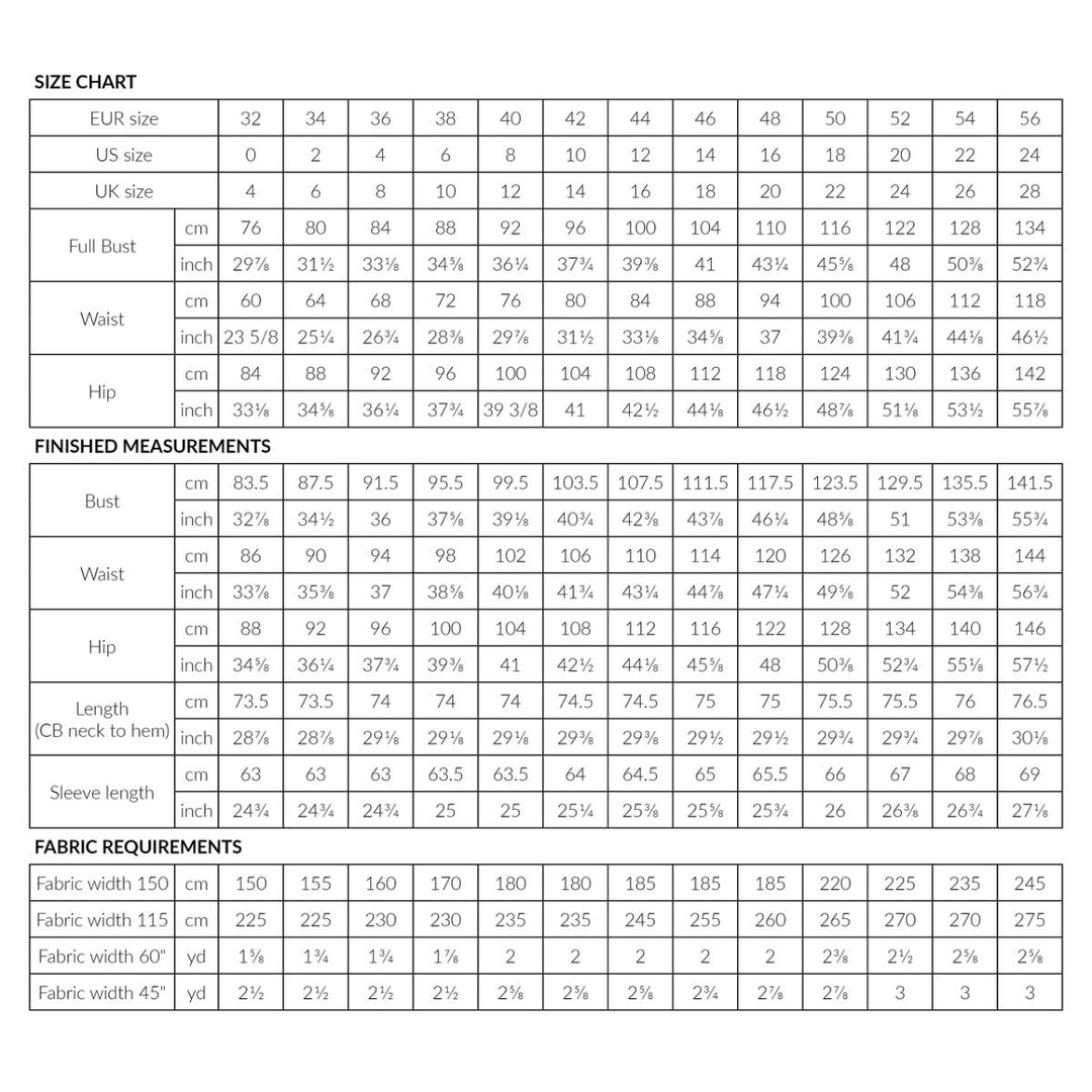 Size chart for clothing measurements in various units including EU, US, UK, and finished measurements.