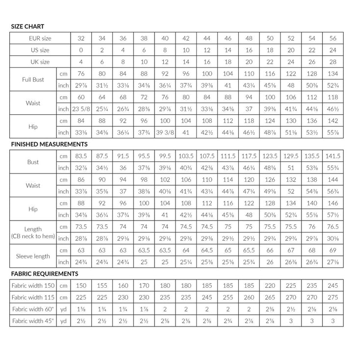 Size chart for clothing measurements in various units including EU, US, UK, and finished measurements.