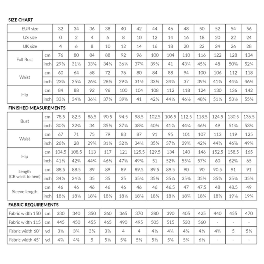 Size chart for clothing with measurements in centimeters and inches.