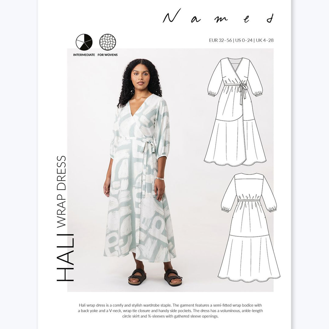 Pattern leaflet for a Hali wrap dress with a model and line drawings on a white background.