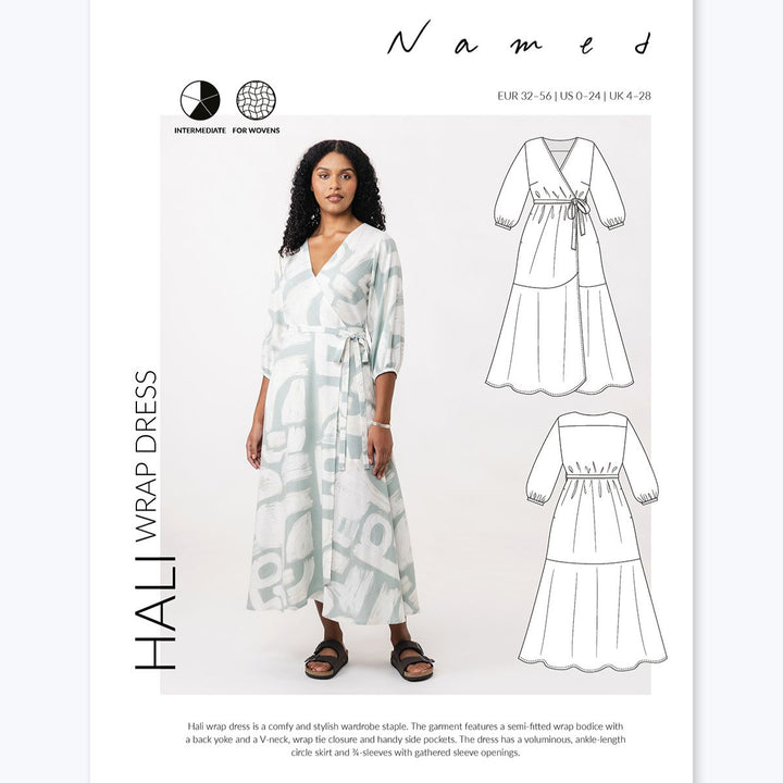 Pattern leaflet for a Hali wrap dress with a model and line drawings on a white background.