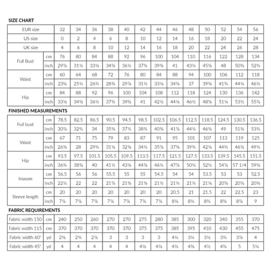 Size chart for clothing with measurements in centimeters and inches.
