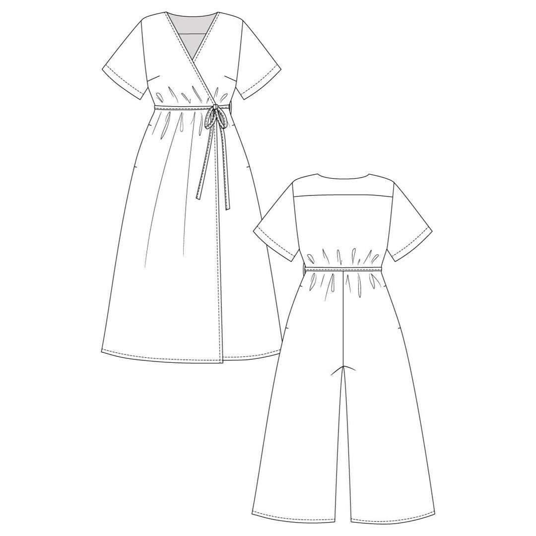 Line drawing of a dress and jumpsuit on a white background
