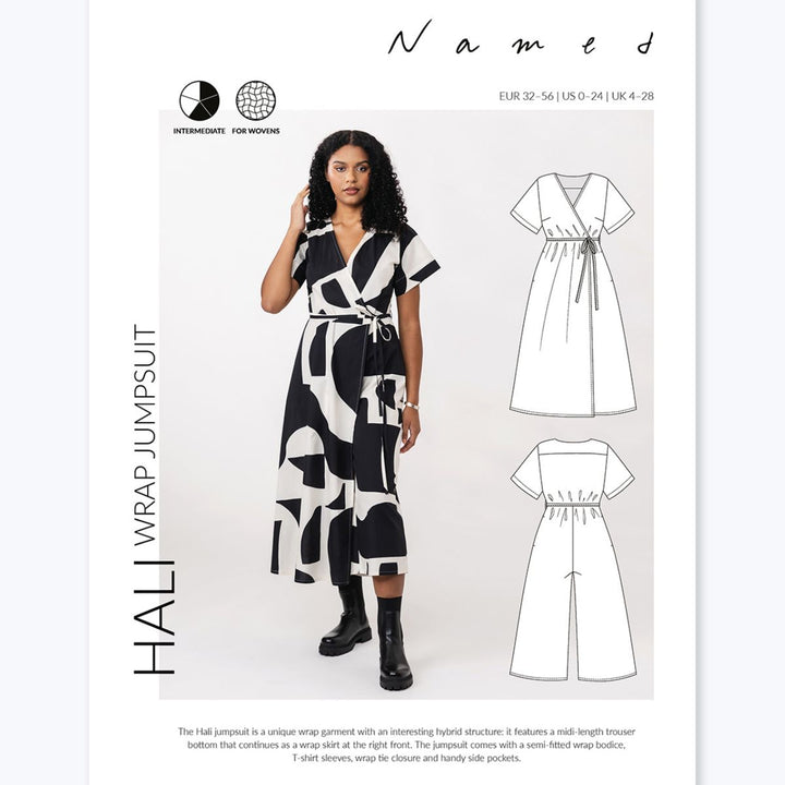 Model wearing a black and white patterned jumpsuit with sewing pattern illustrations on a white background