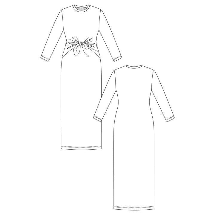 Line drawing of a long-sleeve dress with a bow detail on a white background