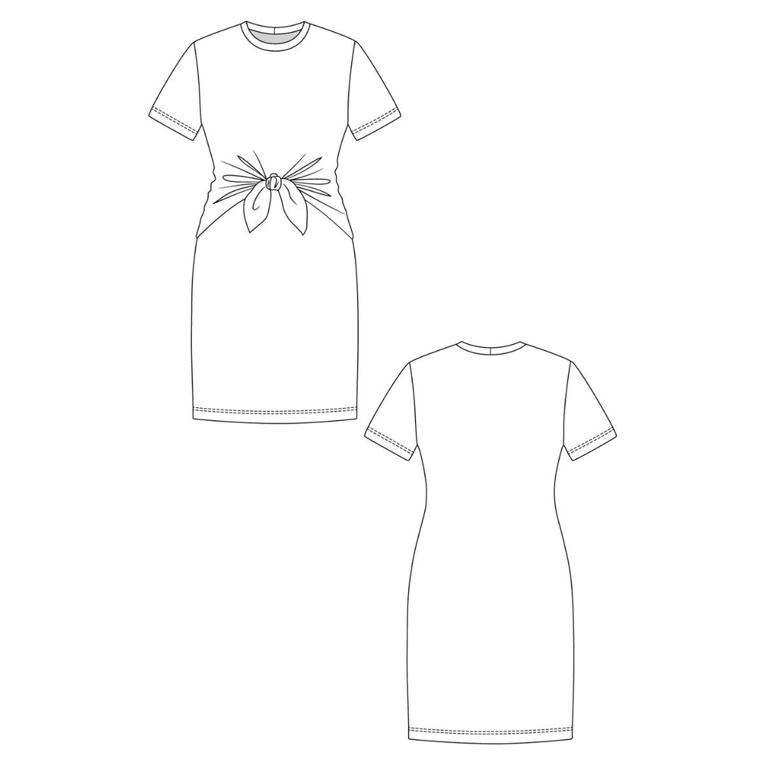 Line drawing of a dress with a bow detail on a white background