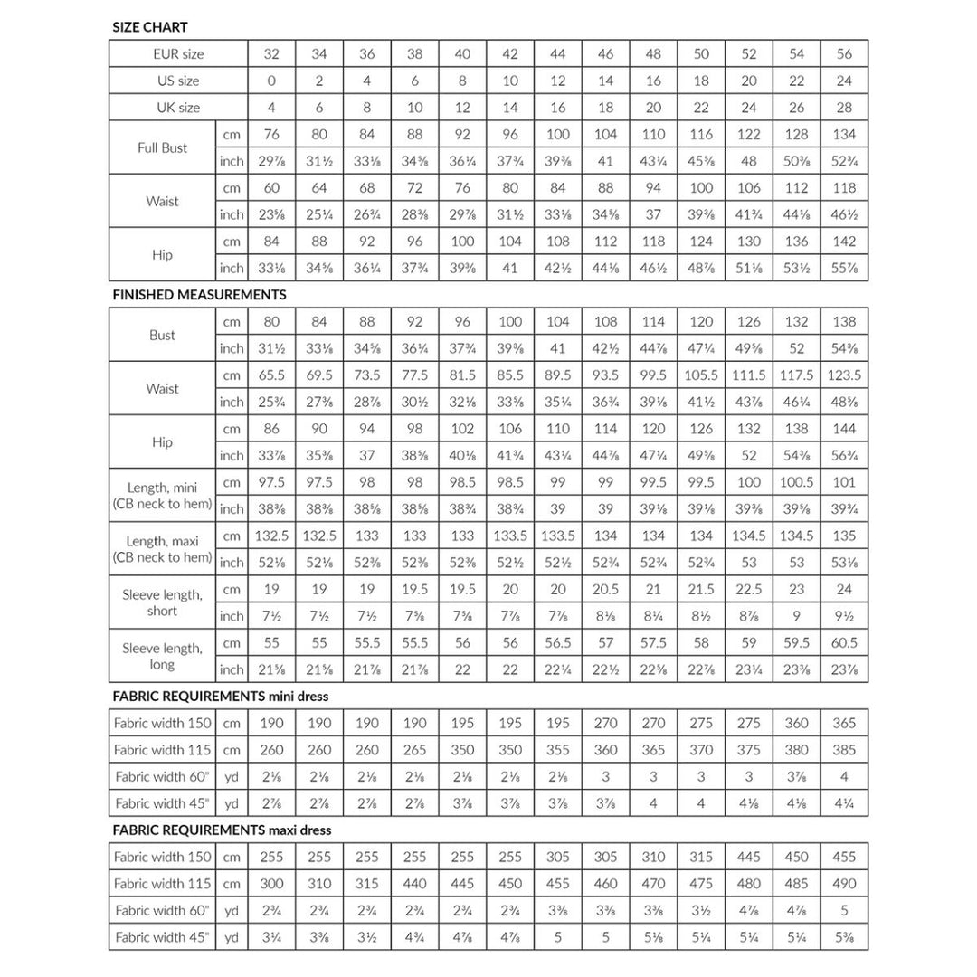 Size chart for clothing with measurements in centimeters and inches.