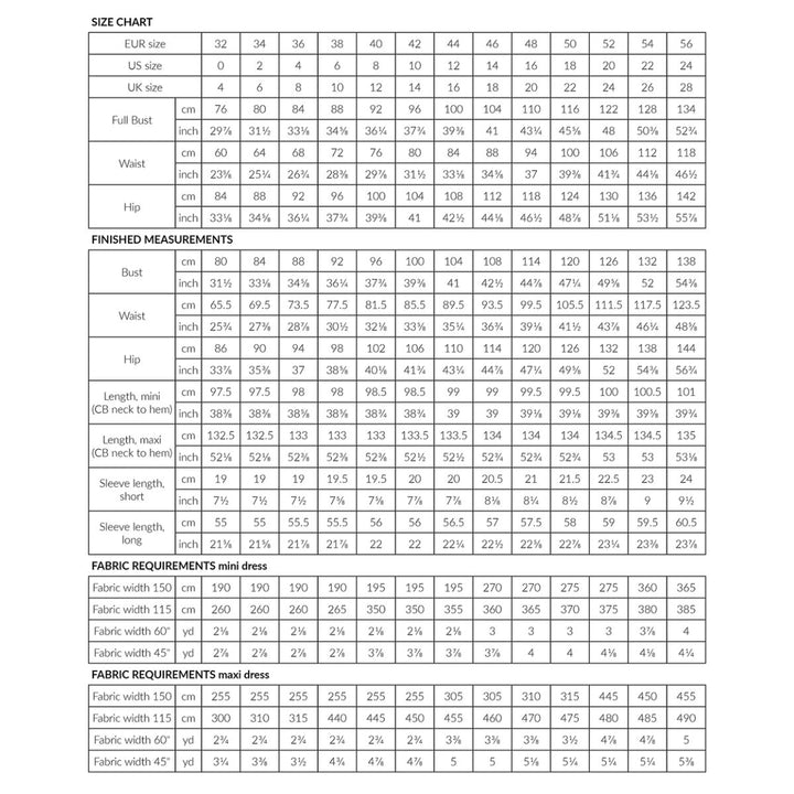 Size chart for clothing with measurements in centimeters and inches.