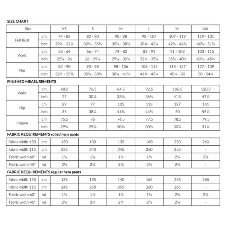 Size chart for clothing measurements in centimeters and inches with fabric requirements.