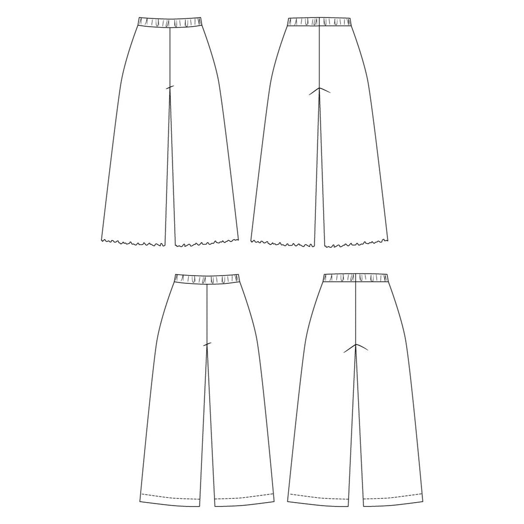 Line drawings of four pairs of pants on a white background