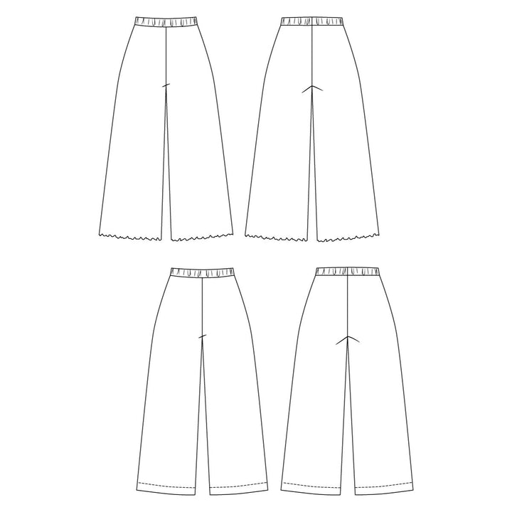 Line drawings of four pairs of pants on a white background