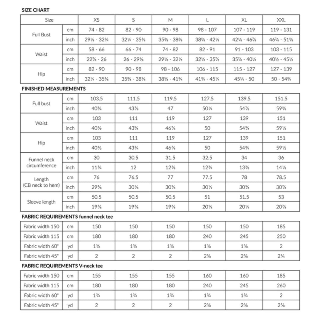 Size chart for clothing measurements in centimeters and inches