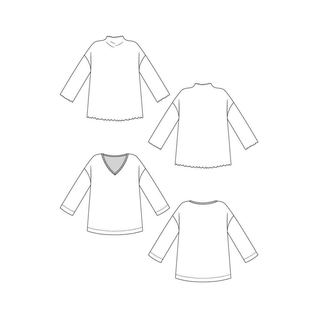 Line drawings of a long-sleeve top from different angles on a white background