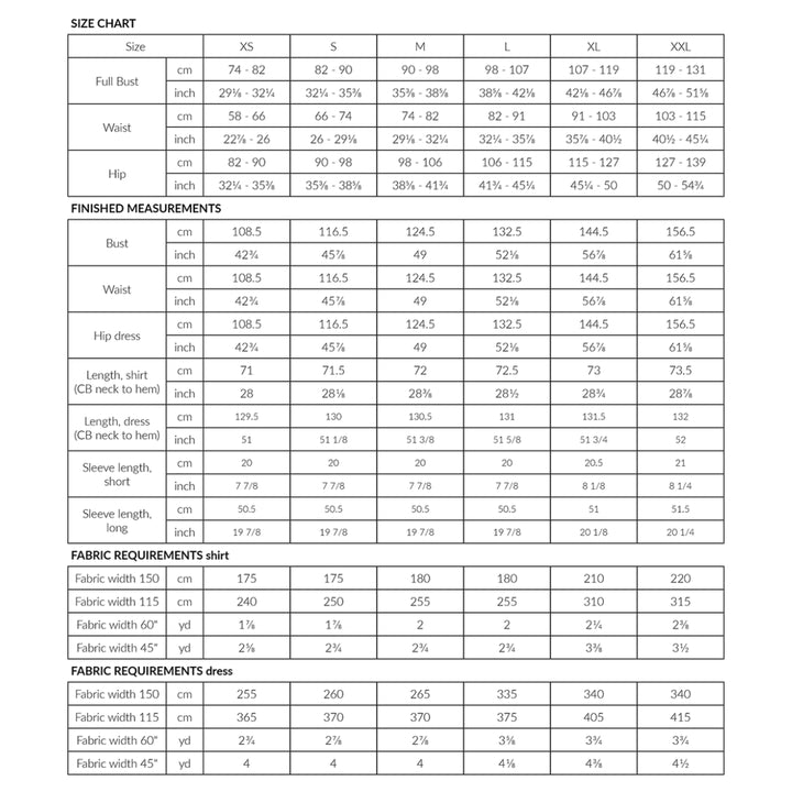 A size chart and measurement table for apparel, showing measurements for sizes XS through XXL in full bust, waist, and hip, plus finished measurements for shirt and dress sizes 120 to 450. The table is presented in a clean black-and-white grid format.