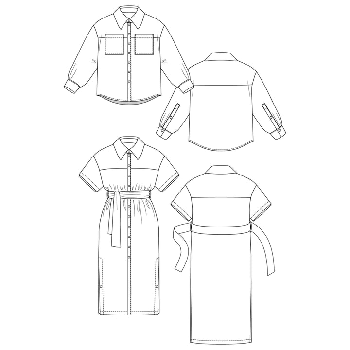 Black and white line art technical drawing showing multiple views of a short-sleeve collared shirt dress, including front, back, and side views with a tie belt.