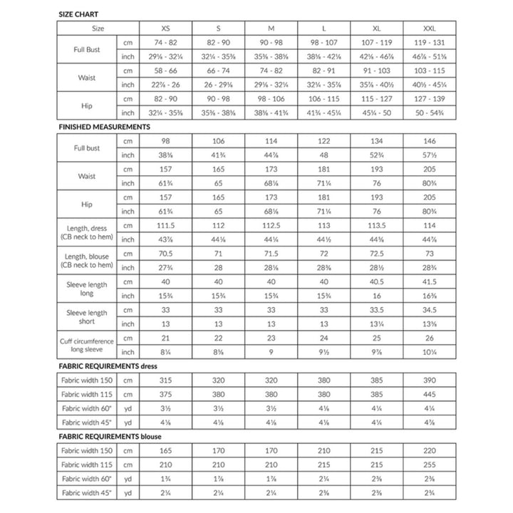 Size chart for clothing with measurements in centimeters and fabric requirements.