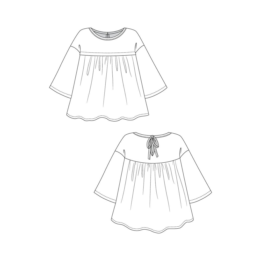 Line drawing of a children's dress with a front and back view on a white background