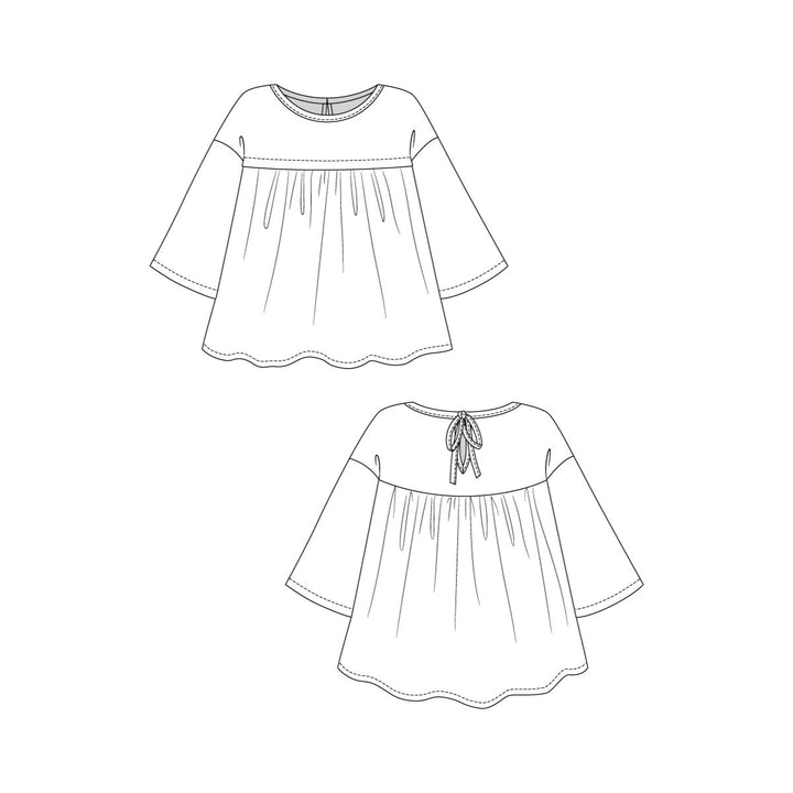 Line drawing of a children's dress with a front and back view on a white background