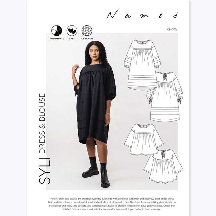 Patterned dress with a model and line drawings on a white background