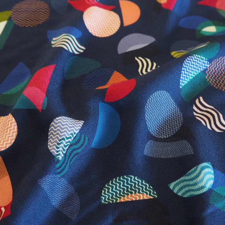 Navy Bauhaus Segments Viscose Crepe Fabric - Cut Length 1.6m x 140cm