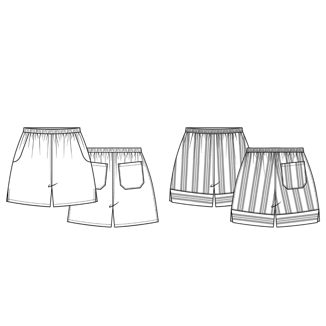 Technical drawing of shorts with different styles and patterns on a white background.